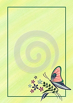 Hand drawn textured floral background. Pastel card with butterfly,flowers.