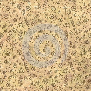 Hand drawn textured floral background.Vintage beige template with little flowers and leaves. Crumpled paper pattern.