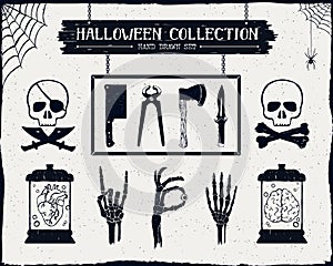 Hand drawn textured Halloween icons set.