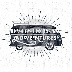 Hand drawn textured vintage label with minivan vector