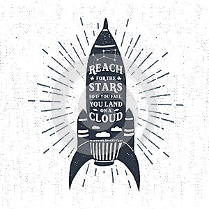 Hand drawn textured vintage label with rocket vector illustration