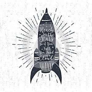 Hand drawn textured vintage label with rocket vector illustration and 