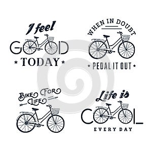 Hand drawn textured vintage labels set with bicycle vector illustration.