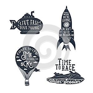 Hand drawn textured vintage labels set of travelling themed labels.