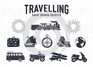 Hand drawn textured vintage travel icons set.