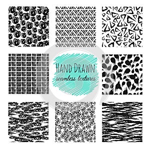 Hand drawn textures. Scribble squiggle ink pen seamless vector scratchy endless backgrounds