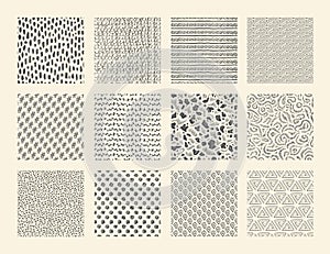 Hand drawn textures. Seamless ink brush patterns with dots strokes grunge and doodle elements. Vector abstract ethnic