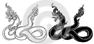 Hand drawn Thai Dragon on water, Line Thai is Thailand Style and Tattoo design