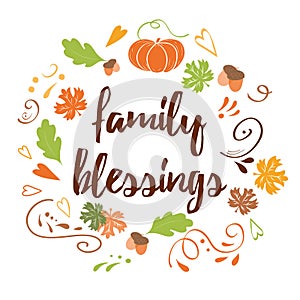 Hand drawn thanksgiving card with pumpkin maple leaves text Family Blessing