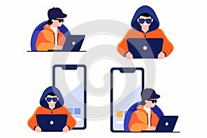 Hand Drawn Thief or hacker in concept Cyber Security in flat style