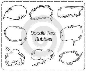 Hand drawn think and talk speech bubbles with love message, greetings and sale ad. Doodle style comic balloon, cloud