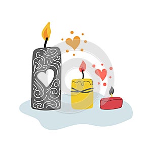 Hand drawn three candles with burning flames, hearts.