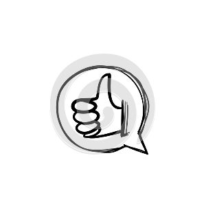 Hand drawn thumb up symbol for like button icon illustration with doodle style vector isolated