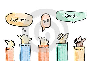 Hand drawn of thumbs up, hands up clapping ovation, applause gesture. doodle watercolor style
