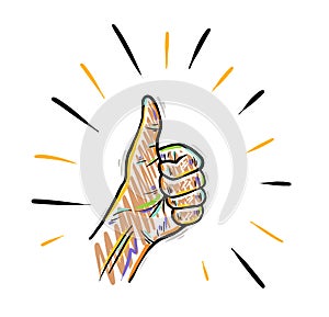 Hand drawn Thumbs up isolated on a white. Sketch. Vector illustration. Like