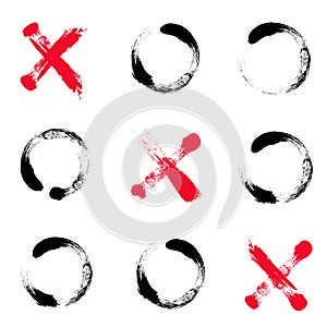 Hand drawn tic tac toe game. Illustration of game. Red crosses, black toe. Hand drawn brush. XOXO