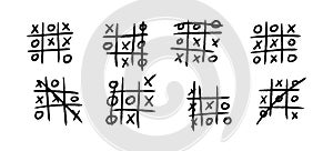 Hand drawn tic tac toe game. X-O children game. Play a tictactoe draw. Noughts and win. Vector illustration in doodle