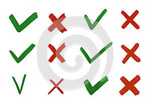 Hand drawn Tick and Cross. Check marks indication for concept yes and no. photo