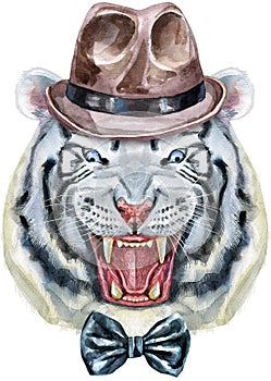 Hand drawn Tiger in brown hat and bow-tie. Watercolor drawing white tiger head, blue eyes