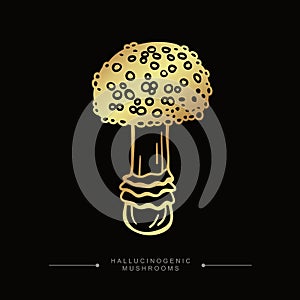 Hand drawn toadstool concept. Golden drawing of hallucinogenic mushroom. Fly agaric golden sticker. A stylized image of a