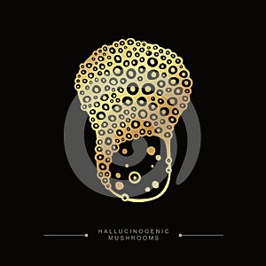 Hand drawn toadstool concept. Golden drawing of hallucinogenic mushroom. A stylized image of a psilocybin mushroom. Fly agaric