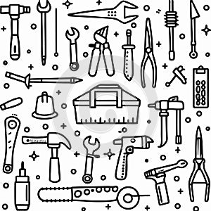 Hand-drawn tools in a toolbox, workshop equipment