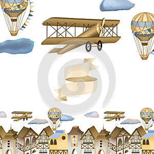 Hand drawn town, retro airplanes and hot air balloons illustration
