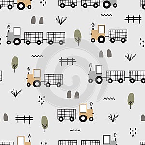 Hand drawn tractor for kids seamless car pattern on white background Cute design in cartoon style.