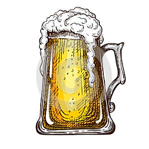 Hand drawn traditional beer glass full of wheat beer with foam. Beautiful vintage etched beer mug with dropping froth