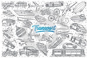 Hand drawn Transport doodle set with lettering