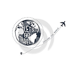 Hand drawn travel badge with textured vector illustration.
