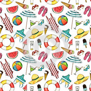Hand drawn travel seamless pattern with umbrella, hat, swimming suit, coctail, ice cream, ball, lifebuoy, sun glasses