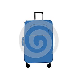 Hand drawn travel suitcase in blue color with wheels isolated on white background