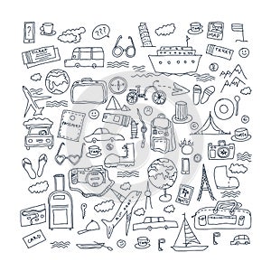 Hand drawn travel, tourism doodles elements vector illustration.