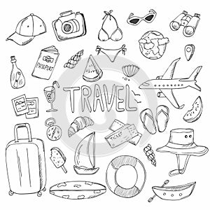 Hand drawn travel, vacation big doodle Icons collection on white background. Vector illustration