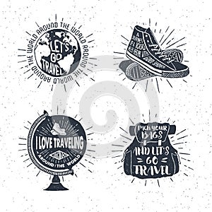 Hand drawn travelling labels set with globe, sneakers, backpack