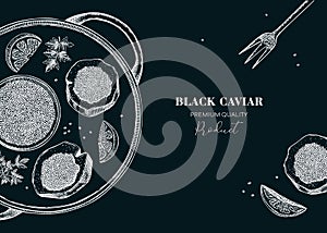 Hand drawn tray with black caviar canape with lemons and spices banner design on chalkboard. Canned seafood sketches. Vector