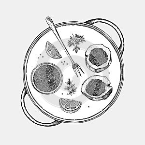 Hand-drawn tray with canned caviar, black caviar canape, lemons and spices illustrations. Finger food sketches set. Seafood