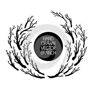 Hand drawn tree branches set, branches round frame. Vector