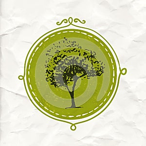 Hand drawn tree in circle badge. Eco friendly and organic product label. Vector nature emblem