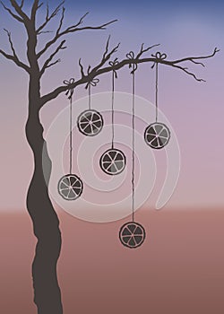 Hand drawn tree with hanging oranges.