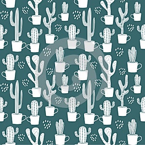 Hand drawn trendy summer cactus pattern background.