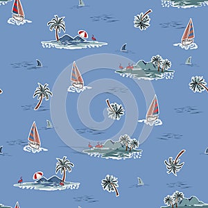 Hand drawn Trendy Summer Ocean island seamless pattern vector. Landscape with palm trees,boat and flamingo,shark, vacation vibes
