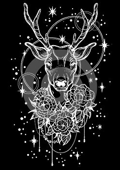 Hand-drawn trendy vector illustration with deer and peony flowers over the night sky background. Tattoo art.