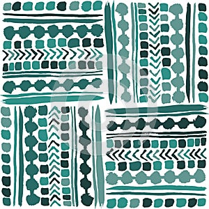 Hand drawn tribal patchwork seamless vector pattern in cool greenish blue tones