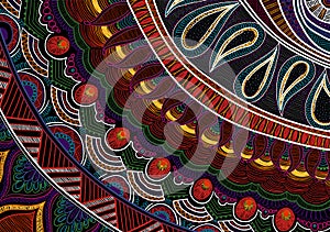 Hand-drawn tribal paysley pattern, mandala style. Black and bright colors