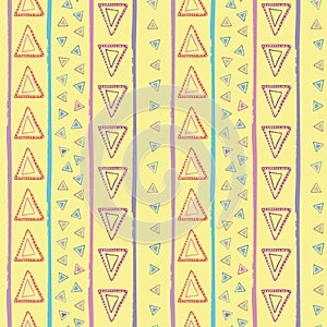 Hand drawn tribal red, blue, yellow, purple triangles and irregular stripes. Vector seamless pattern on yellow