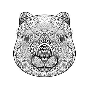 Hand drawn tribal Wombat face, animal totem for adult