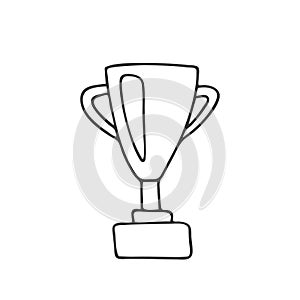 Hand drawn trophy Cup for winner. In doodle style, black outline isolated on white background. Cute element for card, social media