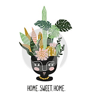 Hand drawn tropical house plants in the ethnic ceramic pot. Scandinavian style vector